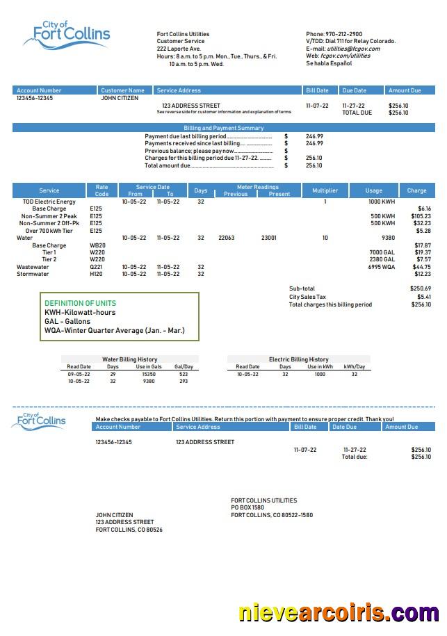 USA Colorado Fort Collins Utilities utility bill